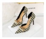 8829-1 Korean version of high-heeled shoes with lattice pattern shallow mouth side hollow houndstooth pearl metal chain super high-heeled shoes - Image 13