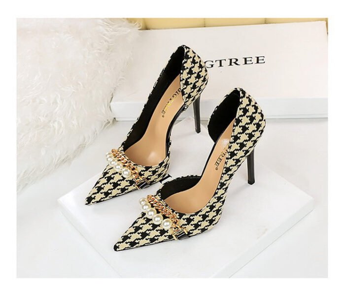 8829-1 Korean version of high-heeled shoes with lattice pattern shallow mouth side hollow houndstooth pearl metal chain super high-heeled shoes - Image 13