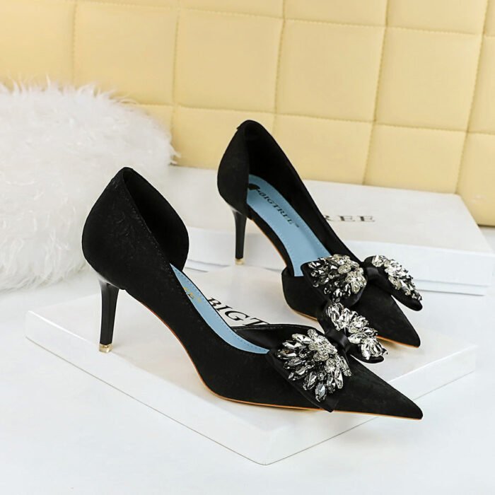 BIG TREE Shoes 6168-AH3 European and American Banquet Nightclubs Thinner Side Hollowed Women's Shoes Shallow Mouth Pointed Toe Rhinestone Bow High Heel Pumps - Image 2