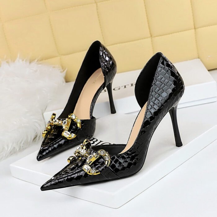 big tree shoes 8238-1 European and American Banquet High Heels Stiletto Heel Shallow Mouth Pointed Toe Side Hollow Metal Rhinestone Buckle Pumps Women's Shoes - Image 1