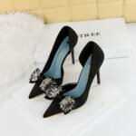 BIG TREE Shoes 6168-H3 European and American High Heels Stiletto Low-Cut Pointed Side Hollow Cloth Surface Ultra-High Heel Rhinestone Bow Pumps - Image 3
