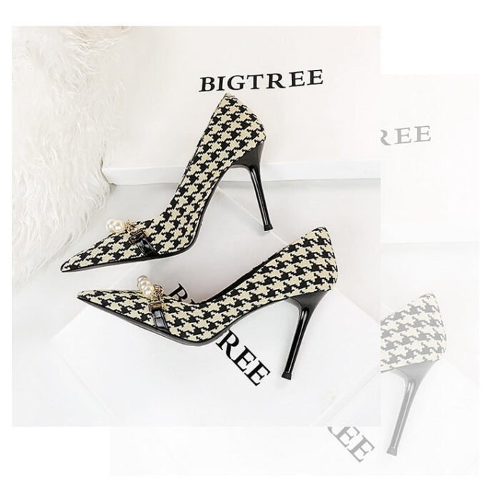 9283-1 European and American style houndstooth high-heeled high-heeled shallow-pointed pearl chain plaid women's shoes - Image 16