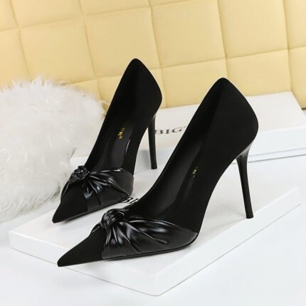 BIG TREE 3739-1 Korean Style Fashionable Pedicure Delicate Slimming Stiletto Heel Shallow Mouth Pointed-Toe Bowknot Pumps Women's High Heels