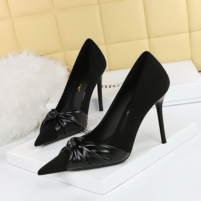 BIG TREE 3739-1 Korean Style Fashionable Pedicure Delicate Slimming Stiletto Heel Shallow Mouth Pointed-Toe Bowknot Pumps Women's High Heels - Image 1