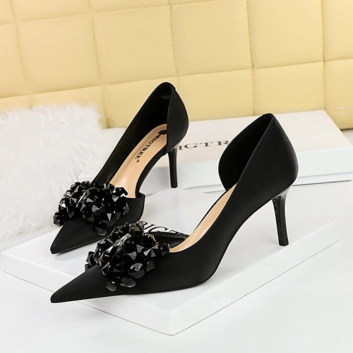BIGTREE SHOES 3226-Ah27 Banquet European and American Style Women's Shoes Stiletto Heel Shallow Mouth Pointed Toe Side Hollow Rhinestone Bow Pumps - Image 3