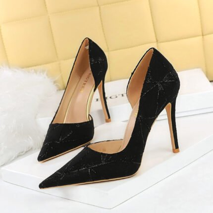 18185-5 European and American Style Stiletto Heel Cloth Shallow Mouth Pointed Side Hollow High Heels Pumps