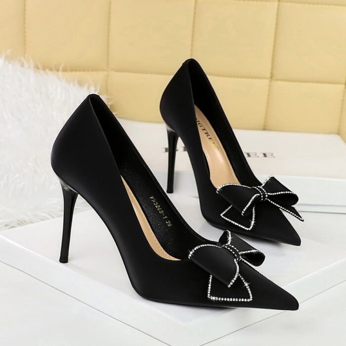 BIGTREE SHOES 3265-H37 Banquet Fashion Korean High Heel Shoes Stiletto Women's Shoes Shallow Mouth Pointed Toe Rhinestone Bow Pumps High Heel - Image 1