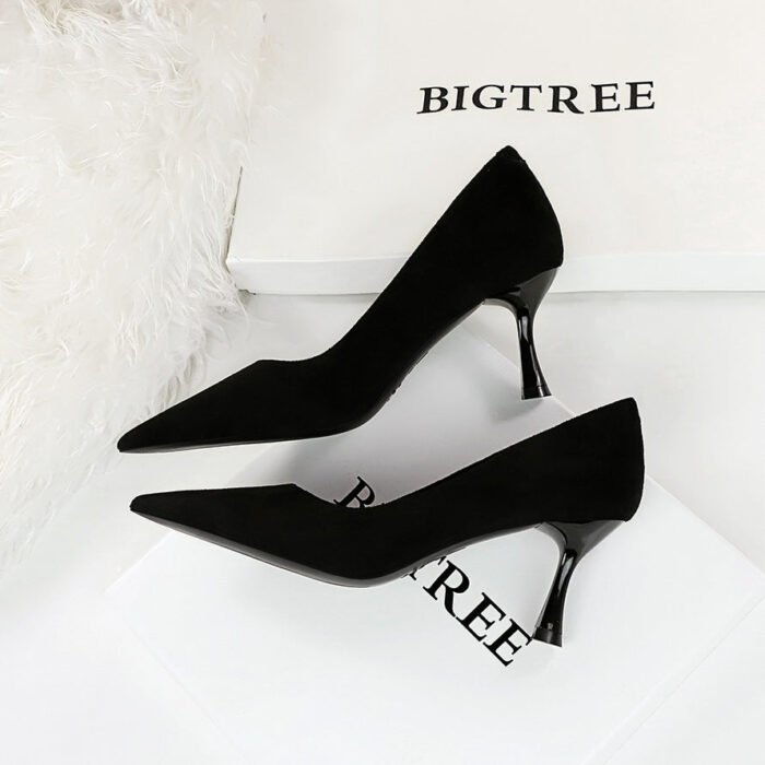 Bigtree Shoes 3767-A1 European and American Style Fashion Simple and Thin High Heels Wine Cup Heel High Heel Low-Cut Pointed Toe Suede Women's Shoes - Image 2