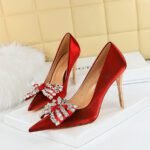Big Tree Shoes 1829-H1 Banquet High Heels European and American Style Stiletto Heel Shallow Mouth Pointed Toe Satin Rhinestone Bow Pumps