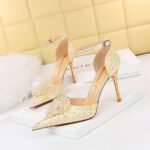 286-7 European and American Style Banquet High Heel Low-Cut Hollow Word with Pointed Toe Rhinestone Pearl Flower Sandals High Heels - Image 2