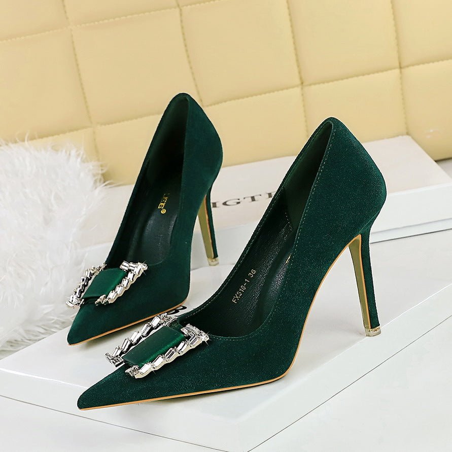 41dac82e31eee79e851cfecf50a97654 BIGTREE SHOES 516-k73 European and American Spring and Autumn Banquet High Heels Stiletto Suede Shallow Mouth Pointed-Toe Metal Rhinestone Buckle Pumps Women's Shoes - Image 1