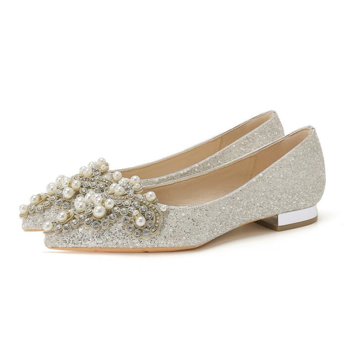 229-12 French Pointed Flat Pregnant Women Can Wear Low Heel Elegant Pearl Wedding Shoes Xiuhe Wedding Dress Two-Way Wear - Image 5