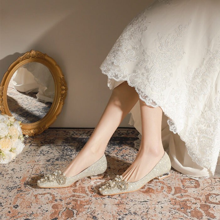 A29-12 Square Toe Low-Cut Pearl Flat Chunky Heel Everyday Joker Low Heel High Grade Bridesmaid Shoes Women - Image 4