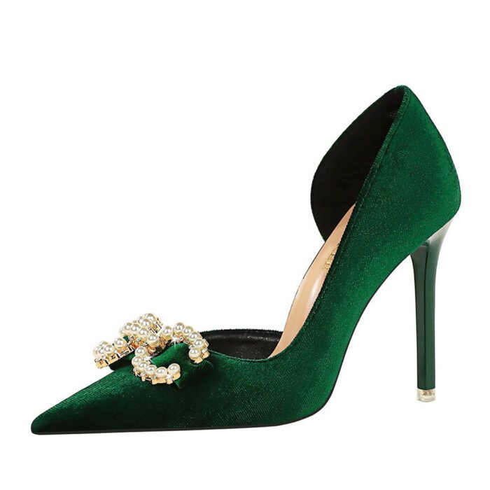 Bigtree Shoes 1363-K79 Banquet High Heels Shallow Mouth Pointed Thick Suede Side Hollow Pearl Rhinestone Buckle Bow Shoes - Image 5