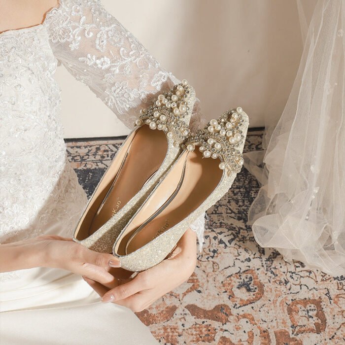 A29-12 Square Toe Low-Cut Pearl Flat Chunky Heel Everyday Joker Low Heel High Grade Bridesmaid Shoes Women - Image 1