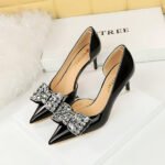 BIG TREE SHOES 638-Ah20 Korean Style Banquet Women's Shoes High Heel Low-Cut Pointed Toe Side Hollow Rhinestone Bow Pumps Women's High Heels - Image 2