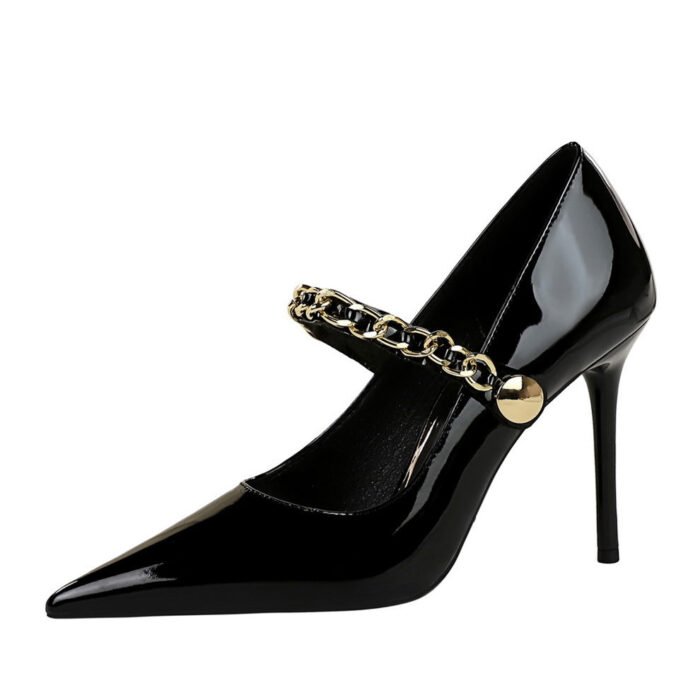 BIGTREE SHOES 3265-3 European and American Style High Heels Women's Shoes Stiletto Heel Patent Leather Low-Cut Pointed-Toe Metal Chain Ankle-Strap Shoes - Image 5
