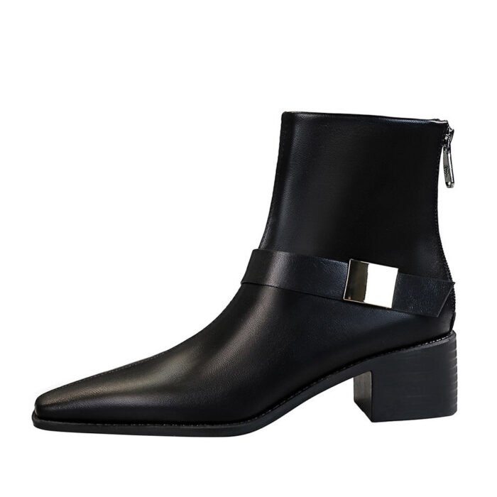 Bigtree Shoes Knight Boots-1 Retro Style Short Winter Women's Boots Chunky Heel Mid Heel Belt Buckle Metal Decorative Pointed Ankle Boots - Image 5