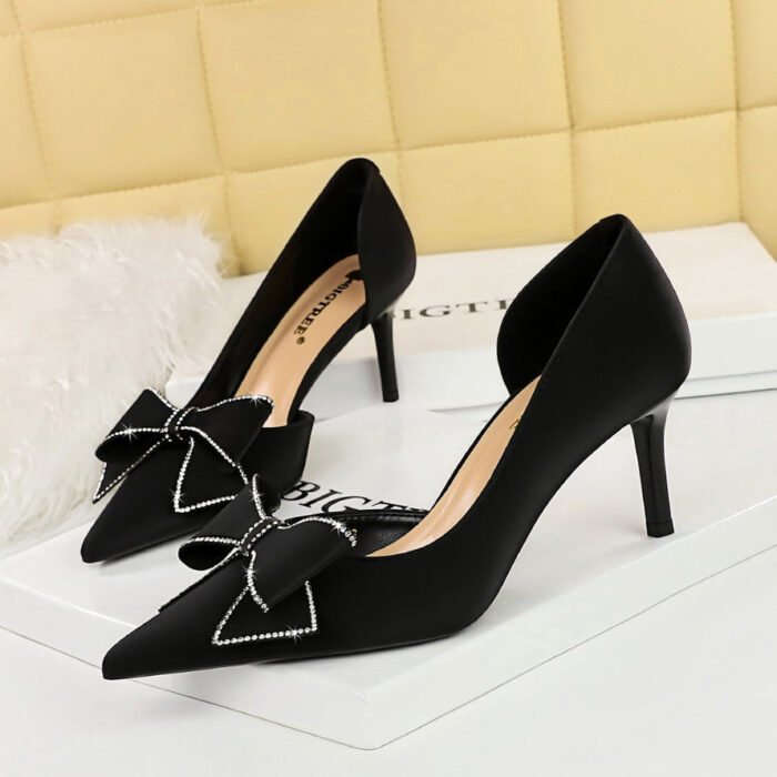 BIGTREE SHOES 3226-Ah37 Korean Style Women's Shoes Wedding Shoes Stiletto Heel Shallow Mouth Pointed Toe Side Hollow Rhinestone Bow Pumps - Image 2