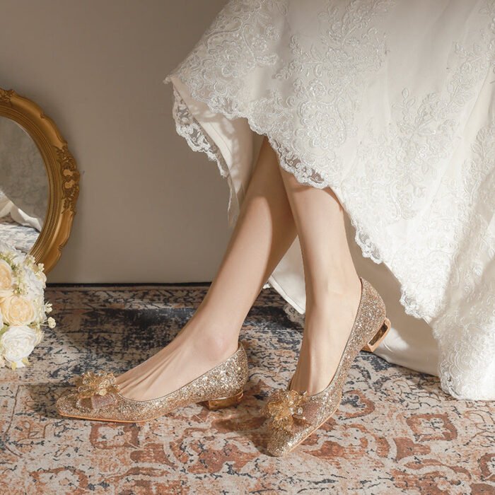 A29-136 French Square Head Gold Flat Low Heel Niche High Sense Bridesmaid Shoes Women - Image 2