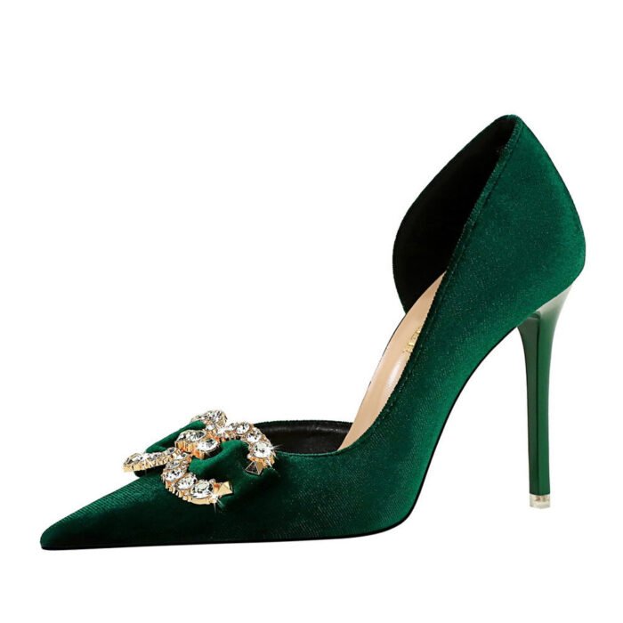 Bigtree Shoes 1363-K77 Banquet High Heels Stiletto Heel Shallow Mouth Pointed Side Hollow out Thick Suede Rhinestone Buckle Bow Pumps - Image 5