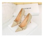 9283-1 European and American style houndstooth high-heeled high-heeled shallow-pointed pearl chain plaid women's shoes - Image 13