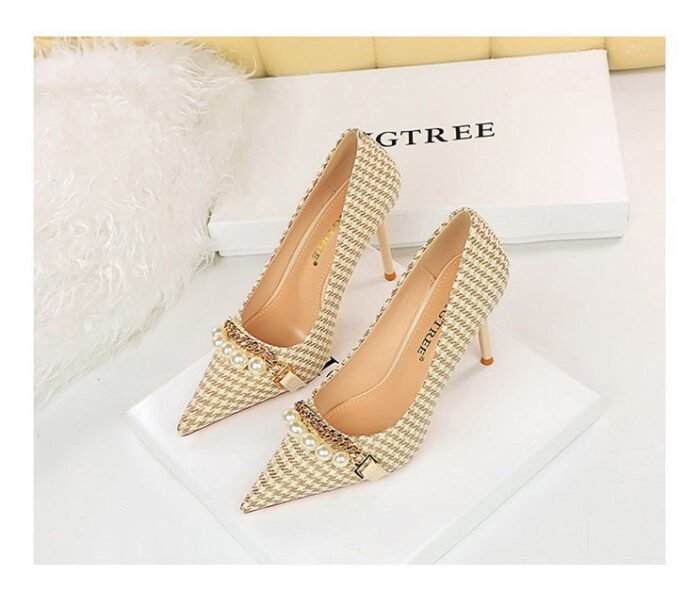 9283-1 European and American style houndstooth high-heeled high-heeled shallow-pointed pearl chain plaid women's shoes - Image 13
