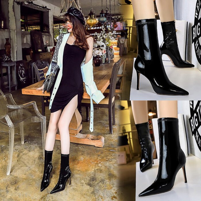 BIG TREE SHOES 315-13 European and American Fashion Sexy Nightclubs Thinner Shiny Patent Leather Stretch Slimming Pointed Ankle Boots Winter Skinny Boots - Image 1