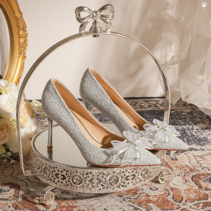 840-51 Rhinestone Bow Wedding Shoes Daily Wearable Niche High-Grade Stiletto Heel Low-Cut Pointed-Toe Shoes - Image 2