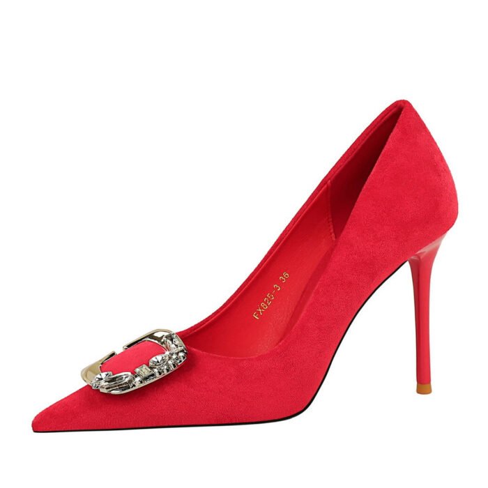 BIGTREE SHOES 825-K52 Banquet High Heels Women's Shoes Stiletto Heel Shallow Mouth Pointed Toe Suede Metal Rhinestone Belt Buckle Pumps - Image 5