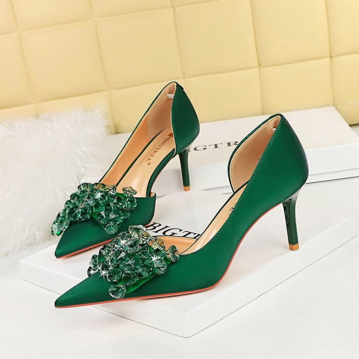 BIGTREE SHOES 3226-Ah27 Banquet European and American Style Women's Shoes Stiletto Heel Shallow Mouth Pointed Toe Side Hollow Rhinestone Bow Pumps - Image 1