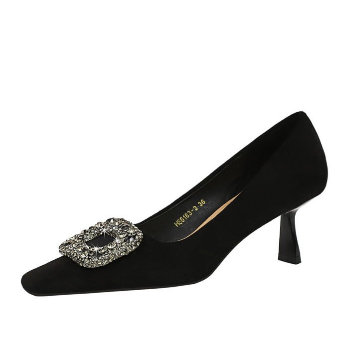 Bigtree Shoes 663-3k83 European and American Style Fashionable Banquet Women's Shoes Stiletto High Heel Suede Shallow Mouth Square Head Metal Rhinestone Buckle Single - Image 5