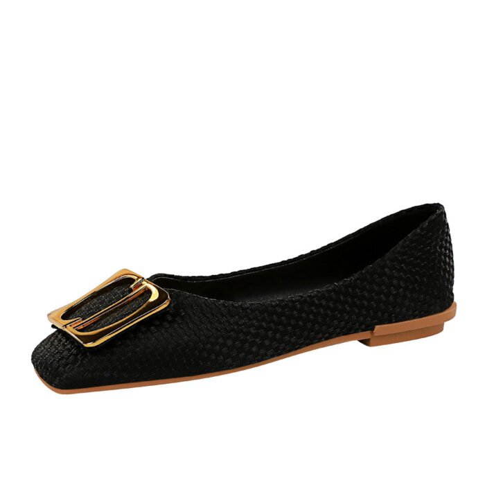 1332-1 Korean Style Spring and Autumn Fashion Sweet Women's Shoes Shallow Mouth Cloth Surface Square Toe Metal Buckle Flat Shoes All-Match Women's Shoes - Image 6