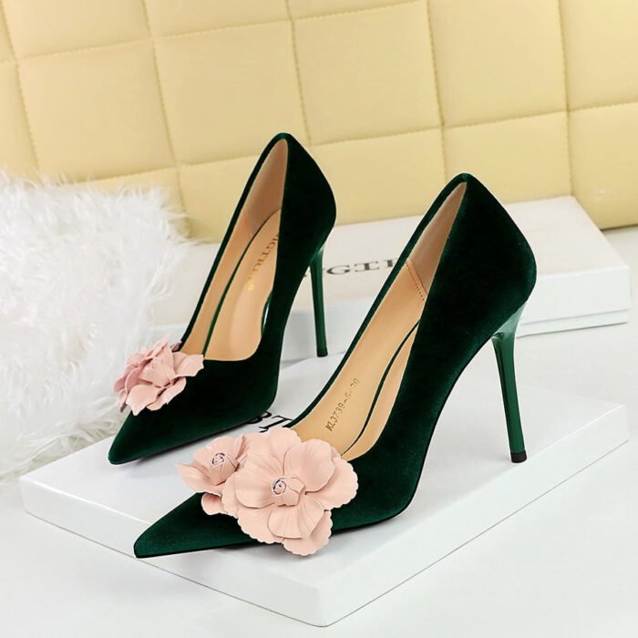 BIGTREE SHOES 3739-H57 European and American Style Banquet High Heels Stiletto Heel Xishi Suede Shallow Mouth Pointed-Toe Colorblock Flower Shoes Women's Shoes - Image 4