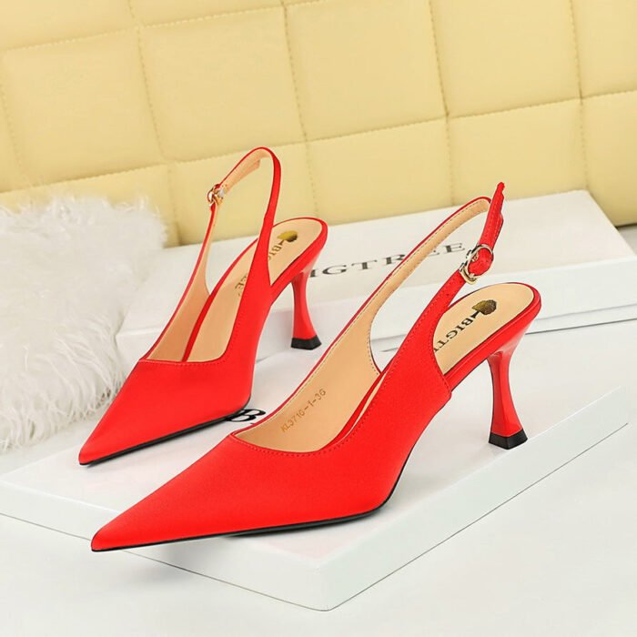 BIGTREE SHOES 3716-1 Korean Style Stylish Simple and Versatile Satin Women's Shoes High Heel Skinny Shallow Mouth Pointed-Toe Hollowed Back Strap Pumps - Image 1