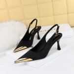 BIG TREE SHOES 3716-5 European and American Banquet Women's Shoes Stiletto Heel Shallow Mouth Metal Pointed Toe Satin Hollow Back Strap Pumps - Image 3