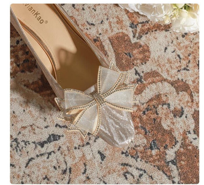 228-51 Champagne Thin and Glittering Bow Crystal Flat Wedding Shoes Female Square Toe Bridal Shoes - Image 7