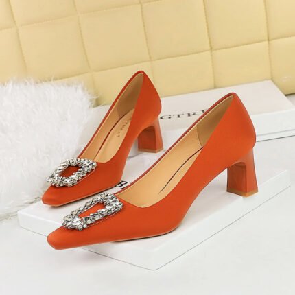 BIGTREE SHOES 6186-k30 European and American Style Banquet Women's Shoes Chunky Heel High Heel Satin Shallow Mouth Square Toe Metal Rhinestone Buckle Pumps Female