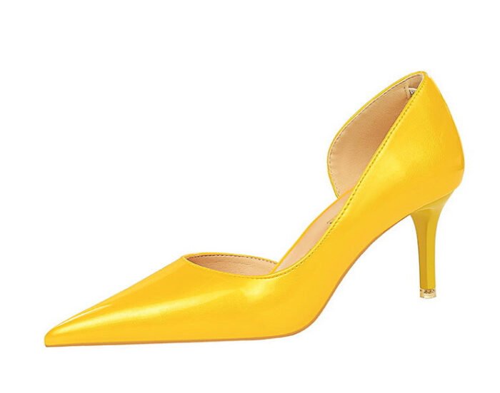 1363-A2 Korean fashion slim banquet fine heel high heel shallow pointed side hollow patent leather women's shoes single shoes high - Image 41