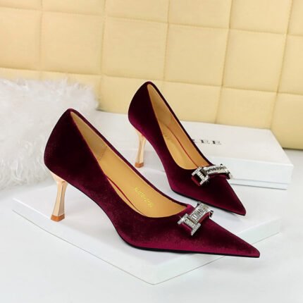 BIGTREE SHOES 1818-K80 Banquet Women's Shoes High Heel Shoes Xishi Suede Shallow Mouth Pointed Toe Rhinestone Buckle Metal Decorative High Heel Pumps