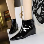 Bigtree Shoes 6632-1 Korean Style Fashion All-Match Height Increasing Insole Wedge Shiny Patent Leather Small Short Pedicure Women's Skim-Fit Boots Ankle Boots