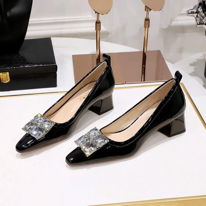 BIGTREE SHOES 1235-K58 Korean Style Fashion Banquet Women's Shoes Chunky Heel Mid Heel Patent Leather Shallow Mouth Small Sharp Point Square Rhinestone Buckle Pumps - Image 3