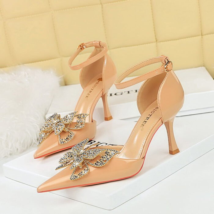 BIGTREE SHOES 8323-h22 European and American Style Fashion Banquet Hollow High Heels Patent Leather Low-Cut Pointed Toe Rhinestone Bow Women's Shoes - Image 2