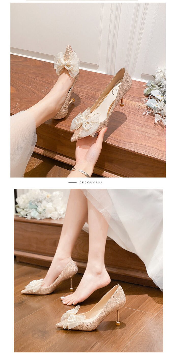 D888-42 Pointed High Heels Women's Chunky Heel Wedding Shoes High-Grade Wedding Dress Annual Meeting Pumps - Image 7
