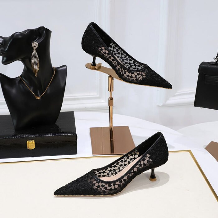 1961-5 European and American Style Fashion Banquet Women's Shoes Stiletto Mid-Heel Pointed Pointed Mesh Lace Sexy Slimming Pumps - Image 5