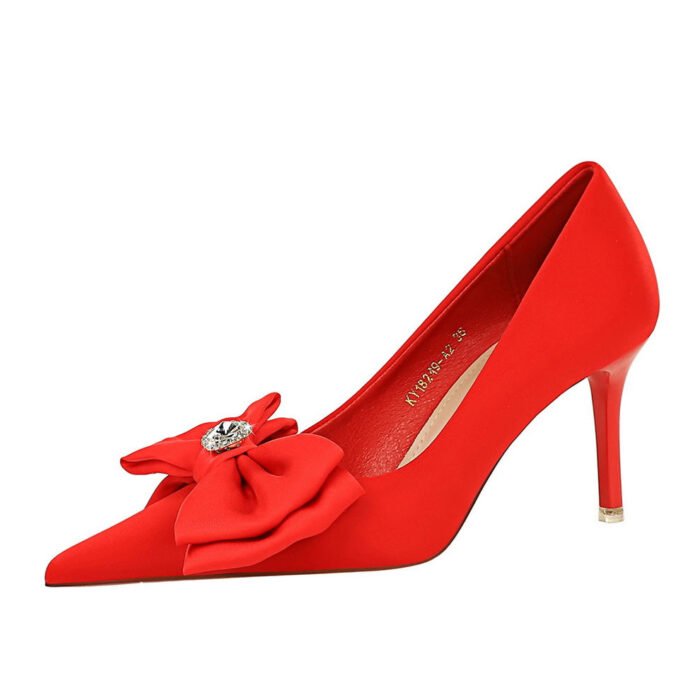 Bigtree shoes 18249-ah33 Korean style banquet women's shoes high heels stiletto low-cut pointed toe satin bow pumps wedding shoes - Image 5