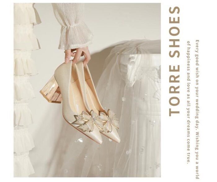 7118-51 Apricot Flower High Heel Women's Chunky Heel High-Grade Xiuhe Wedding Dress Engagement Annual Meeting Pumps - Image 9
