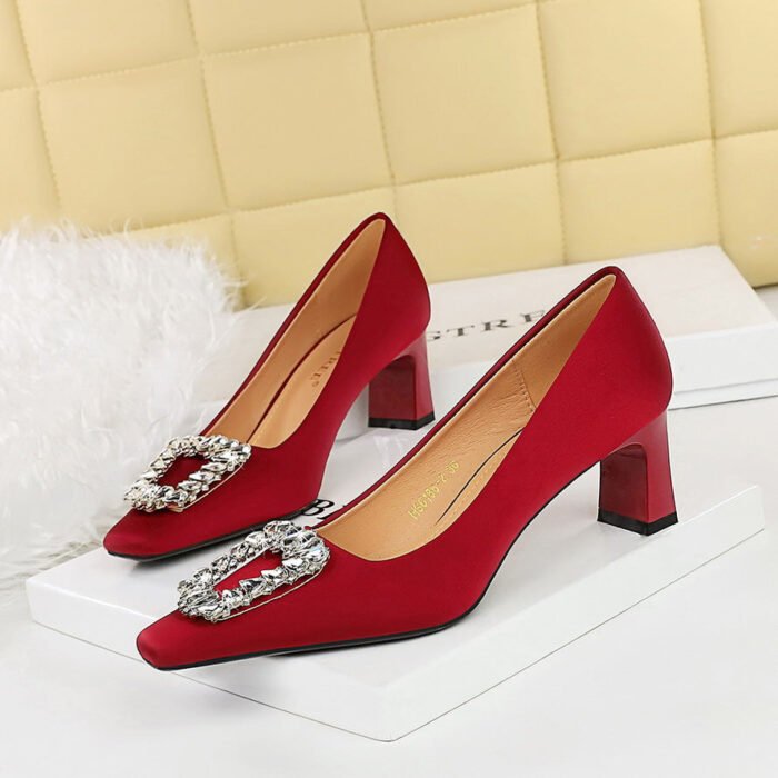 BIGTREE SHOES 6186-k30 European and American Style Banquet Women's Shoes Chunky Heel High Heel Satin Shallow Mouth Square Toe Metal Rhinestone Buckle Pumps Female - Image 3