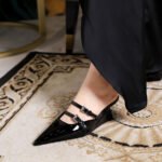 BIGTREE SHOES 1097-6 Korean Style Outdoor Slippers Pointed Toe Toe Cap High Heel Wedge Patent Leather Low-Cut Women's Half Slippers with Buckle