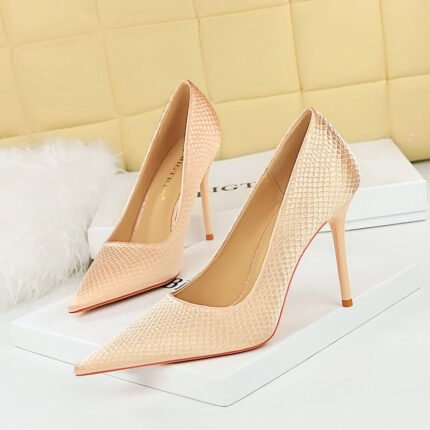 BIG TREE SHOES 3739-3 Korean Style Fashion Banquet High Heels Skinny Stilettos Super High Heel Scale Grain Satin Low-Cut Pointed-Toe Shoes